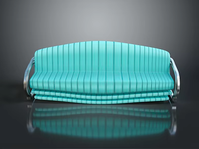 Turquoise Striped Sofa With Metal Armrests On Smooth Black Floor Showing Reflection 3d model