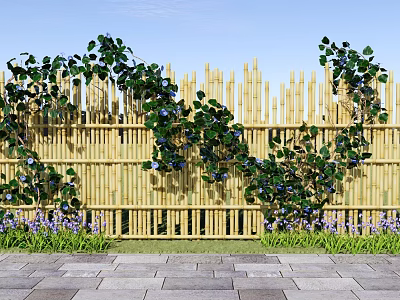 Garden Landscape With Bamboo Fence Climbing Vines Purple Flowers And Stone Path 3d model