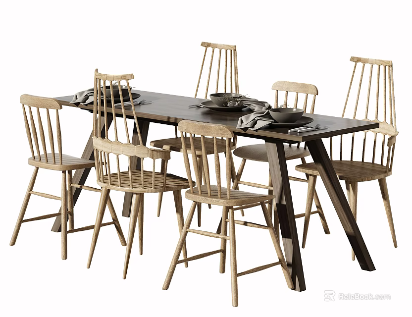 Dining Table Set with Dark Wooden Top Light Chairs and Tableware for Dining Room 3d model 