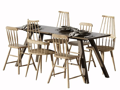 Dining Table Set with Dark Wooden Top Light Chairs and Tableware for Dining Room 3d model