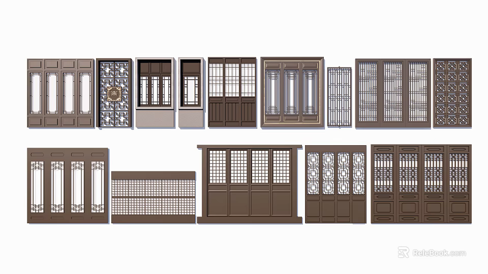 Traditional And Modern Wooden Door Designs With Grid Panels And Carved Patterns For Home Entry 3d model 