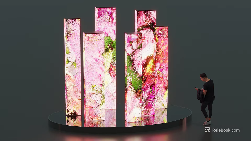 Illuminated Vibrant Art Installation With Vertical Pink Green Panels And Colorful Patterns 3d model 