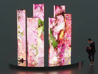 Illuminated Vibrant Art Installation With Vertical Pink Green Panels And Colorful Patterns 3d model