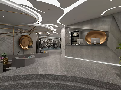 Modern Store Front Desk With Circular Design Elements Marble Counter Metal Accents And Soft Lighting 3d model