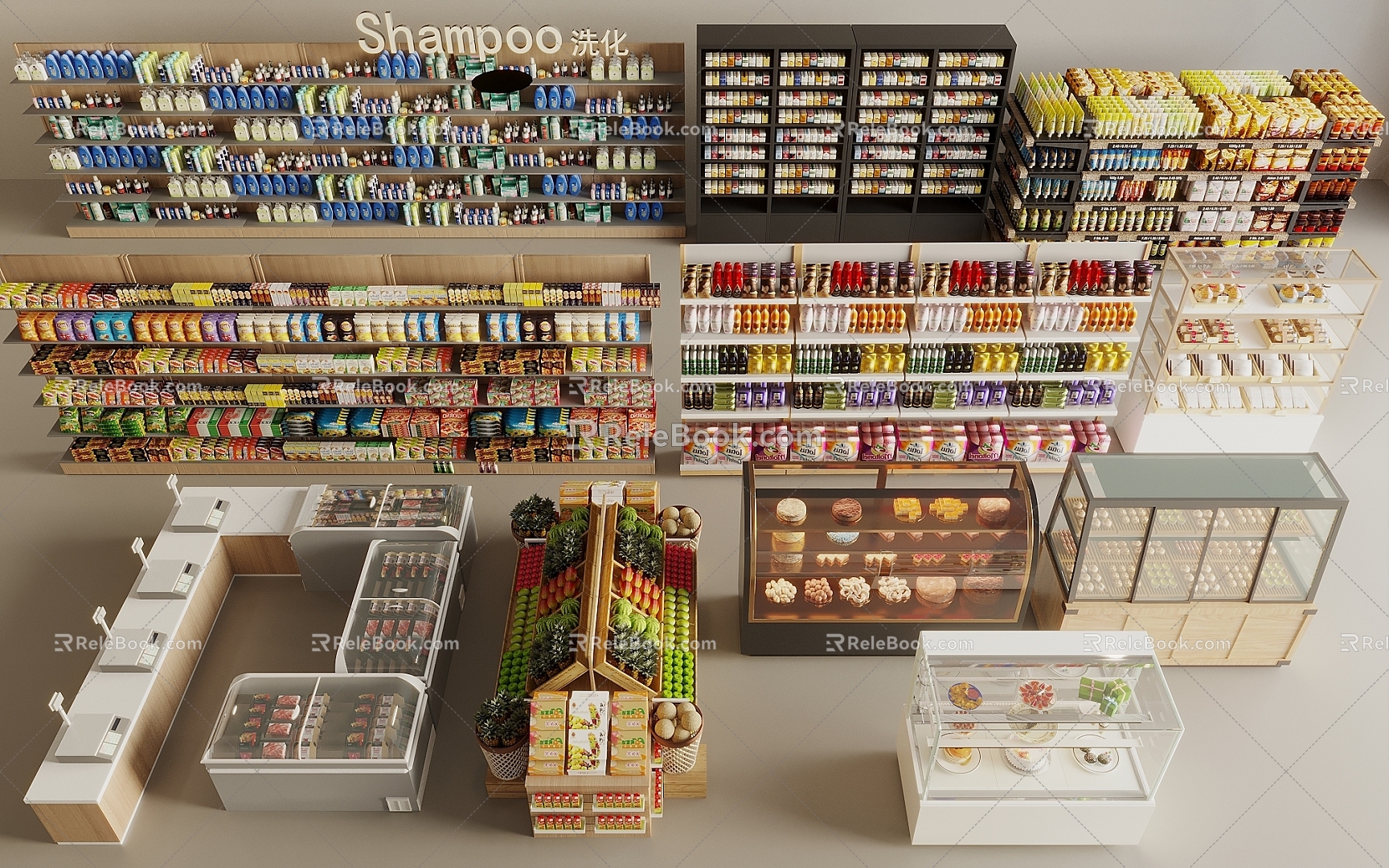 supermarket shelf snack shelf refrigerated shelf bread display rack 3d model