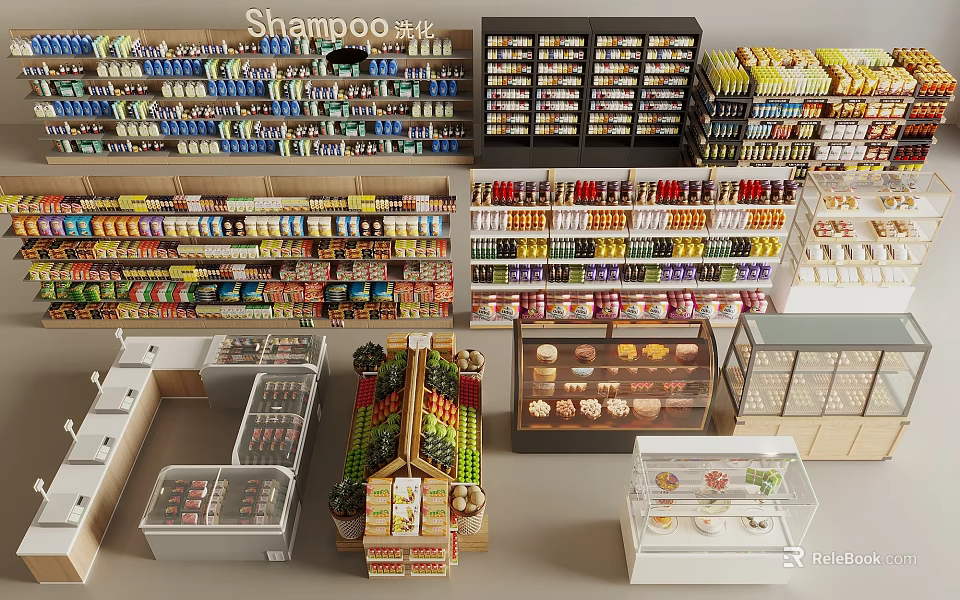 Organized Supermarket Display Shelves And Glass Showcases With Shampoo Beverages Fruits Pastries 3d model 