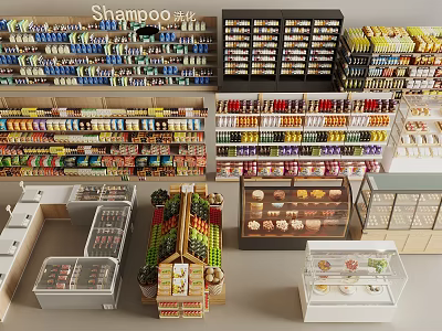Organized Supermarket Display Shelves And Glass Showcases With Shampoo Beverages Fruits Pastries 3d model