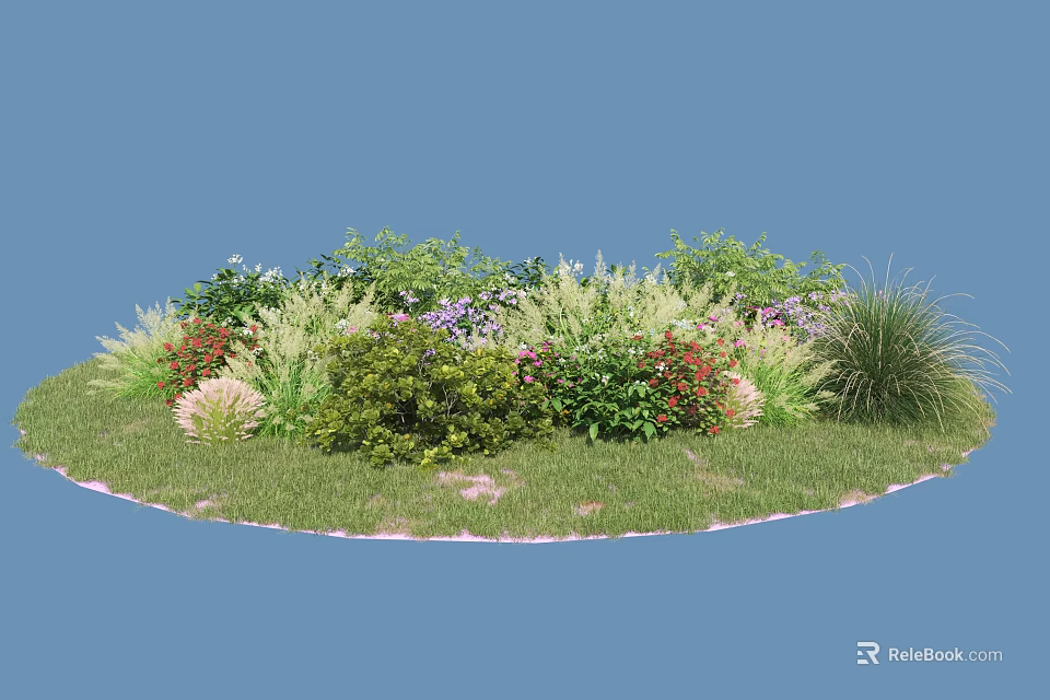 Circular Lawn Plant Combination With Various Green Shrubs Red Purple Flowers And Herbs 3d model 
