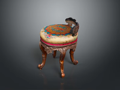 Carved Wooden Leg Stool With Round Colorful Embroidery Seat And Decorative Accent 3d model