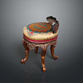 Carved Wooden Leg Stool With Round Colorful Embroidery Seat And Decorative Accent