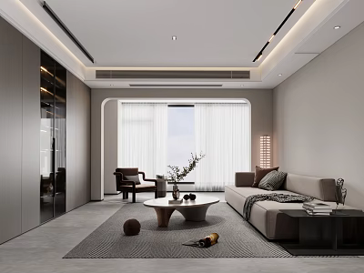 Modern Living Room Interior Design With Large Windows Sofa Coffee Table And Decorative Rug 3d model
