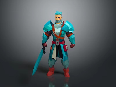 Low Poly Game Movie Warrior Character With Blue Armor Red Accents And Sword 3d model