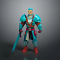Low Poly Game Movie Warrior Character With Blue Armor Red Accents And Sword