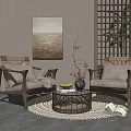Natural Rattan Armchairs And Round Coffee Table With Wall Painting Wooden Screen And Woven Rug