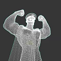 Muscular Game Movie Character in Red Uniform with Yellow Stripes and Red Cape Flexing Muscles