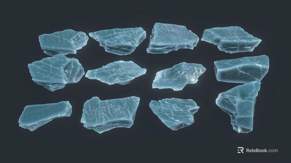 Multiple Blue Ice Crystal Shards With Various Shapes On Dark Background 3d model 