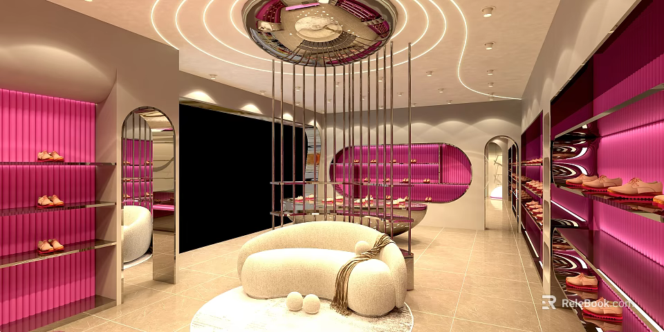 Modern Elegant Boutique Interior With Circular Light Strip Ceiling Pink Curved Shelves White Sofa And Mirrors 3d model 