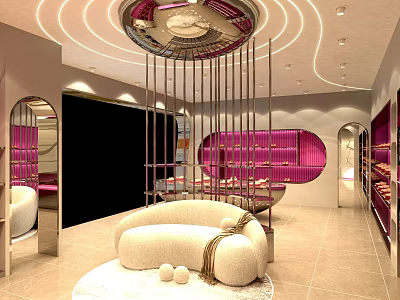 Modern Elegant Boutique Interior With Circular Light Strip Ceiling Pink Curved Shelves White Sofa And Mirrors 3d model