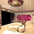 Modern Elegant Boutique Interior With Circular Light Strip Ceiling Pink Curved Shelves White Sofa And Mirrors