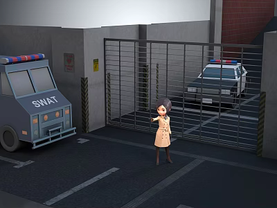 Station Entrance Area With SWAT Vehicle Metal Gate And Woman Standing Nearby 3d model