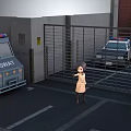 Station Entrance Area With SWAT Vehicle Metal Gate And Woman Standing Nearby