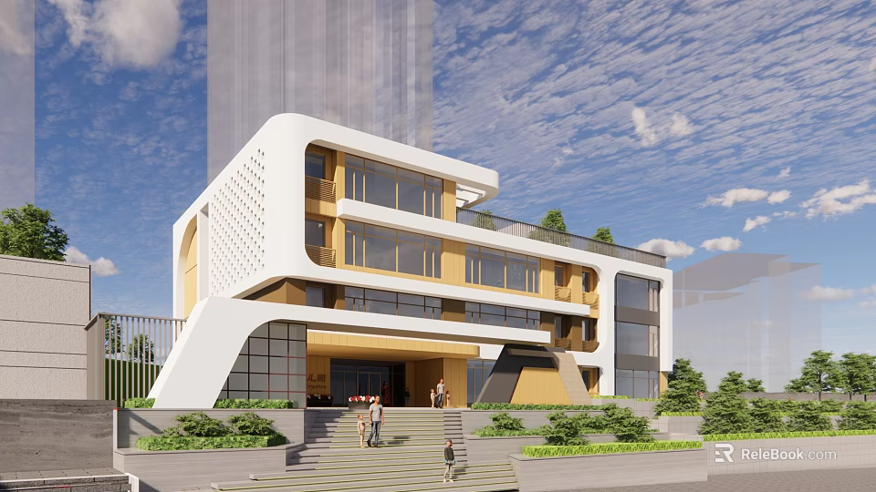 Modern High Rise Building Exterior Design With Steps And People 3d model 