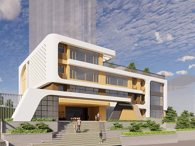 Modern High Rise Building Exterior Design With Steps And People 3d model