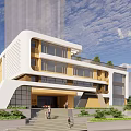 Modern High Rise Building Exterior Design With Steps And People