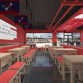 Red Themed Restaurant Interior With Tables Chairs Menu Boards And Ceiling Beams 3d model