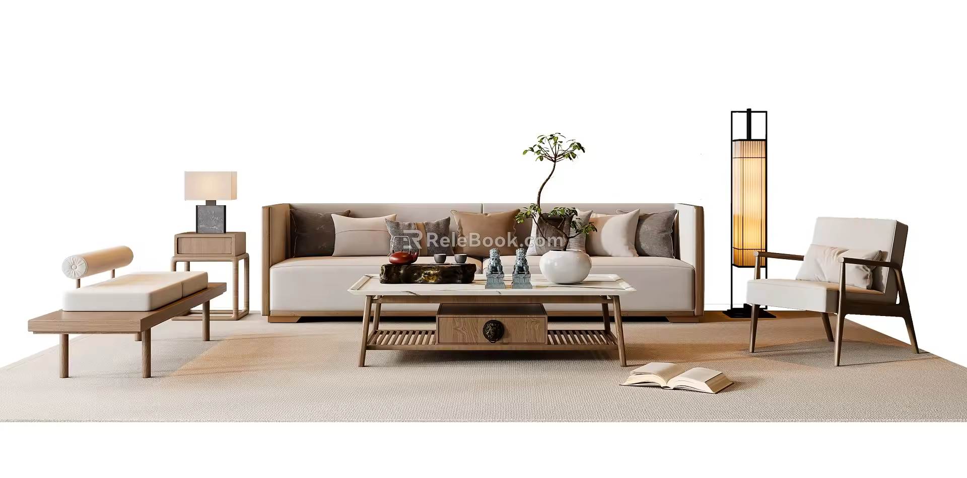 New Chinese-style Song-style Sofa Coffee Table Combination Multi-person Sofa Leisure Chair Floor Lamp 3d model