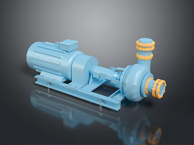 Blue Industrial Pump With Motor And Pump Body Yellow Fittings On Black Reflective Surface 3d model
