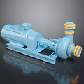 Blue Industrial Pump With Motor And Pump Body Yellow Fittings On Black Reflective Surface