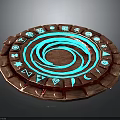 Ornate Wooden Circular Architectural Decor With Spiral Blue Accents And Intricate Symbols