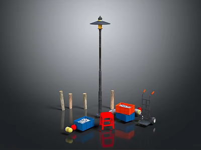 Black Street Lamp Pole With Wooden Posts Blue Orange Boxes Red Stool Trolley And Balls 3d model