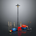 Black Street Lamp Pole With Wooden Posts Blue Orange Boxes Red Stool Trolley And Balls
