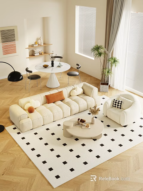 Beige Sofa and Round Coffee Table Set with Orange Cushions Checkered Rug and Accent Chair 3d model 