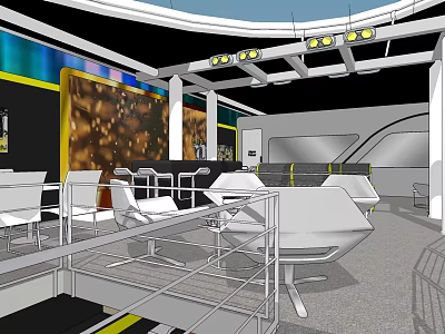 Modern Lounge Area With White Tables Chairs Ceiling Lights And Decorative Wall 3d model