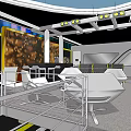 Modern Lounge Area With White Tables Chairs Ceiling Lights And Decorative Wall 3d model