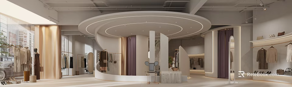 Modern Clothing Store Interior Design With Curved Display Racks And Soft Lighting 3d model 