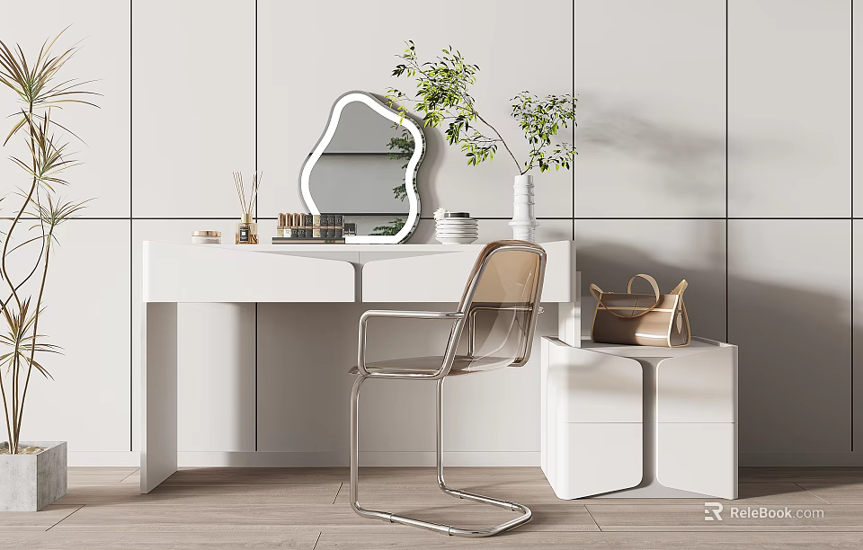 Elegant White Dressing Table With Mirror Chair Plant And Storage Cabinets 3d model