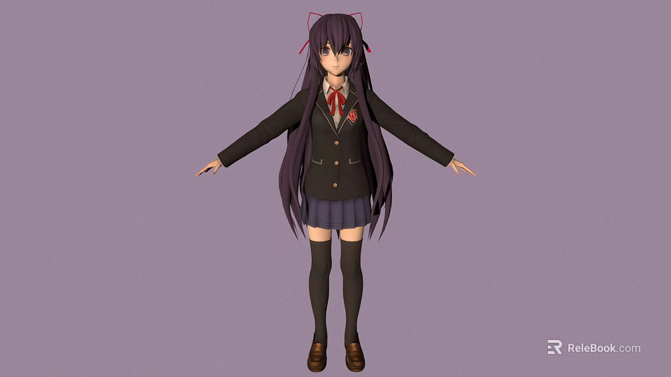Anime Girl Character With Purple Long Hair Red Bow Black School Uniform And Long Socks 3d model 