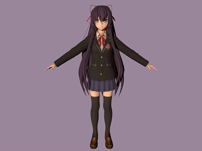 Anime Girl Character With Purple Long Hair Red Bow Black School Uniform And Long Socks 3d model