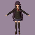 Anime Girl Character With Purple Long Hair Red Bow Black School Uniform And Long Socks