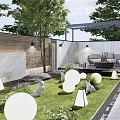 Courtyard Garden Design With Wooden Deck Dining Table Swing Chair Purple Flowers And Lawn
