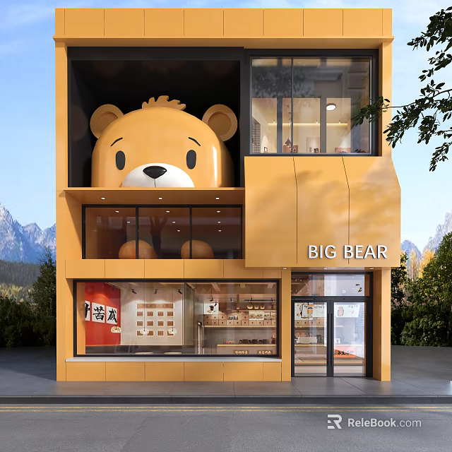 Big Bear Shop Facade Design with Yellow Building Giant Cartoon Bear Head and Shop Window 3d model 