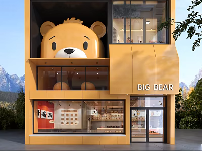 Big Bear Shop Facade Design with Yellow Building Giant Cartoon Bear Head and Shop Window 3d model