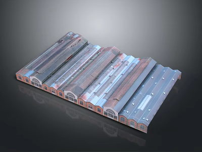Row Of Architectural Building Models With Arched Windows And Metal Roofs 3d model
