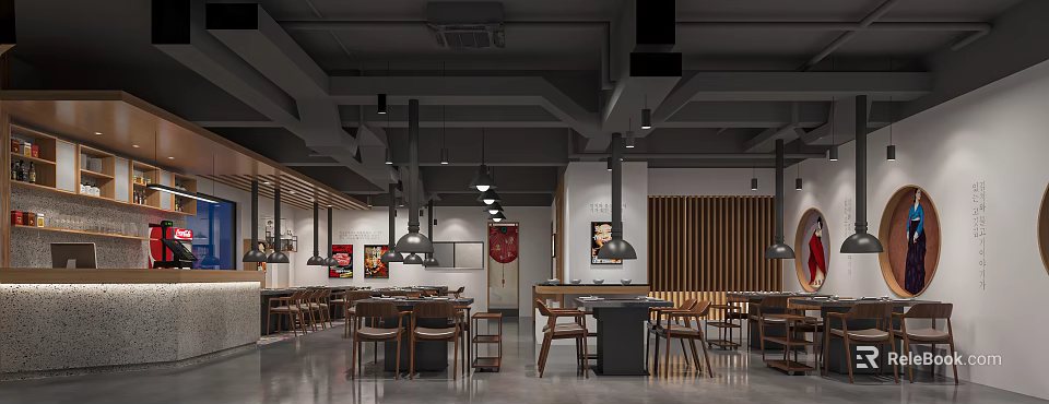Modern Industrial Style Restaurant Interior With Wooden Tables Hanging Lamps And Decorative Paintings 3d model 