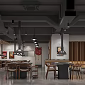 Modern Industrial Style Restaurant Interior With Wooden Tables Hanging Lamps And Decorative Paintings