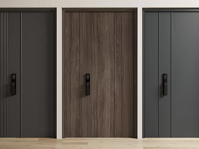 Modern Security Doors With Dark Gray And Wood Grain Finishes And Black Handles 3d model